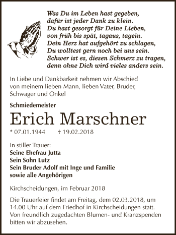 Traueranzeige von Erich Marschner von WVG - Wochenspiegel NMB / WSF / ZTZ