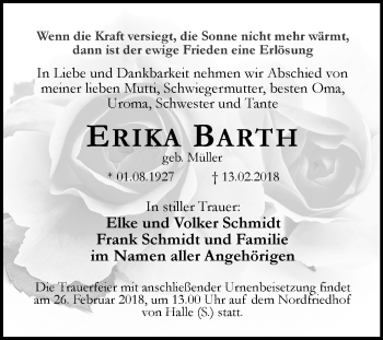 Traueranzeige von Erika Barth von Mitteldeutsche Zeitung Halle/Saalkreis