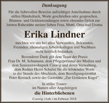 Traueranzeige von Erika Lindner von WVG - Wochenspiegel Dessau / Köthen