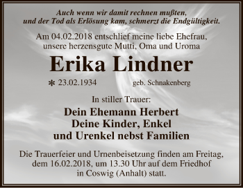 Traueranzeige von Erika Lindner von WVG - Wochenspiegel Dessau / Köthen