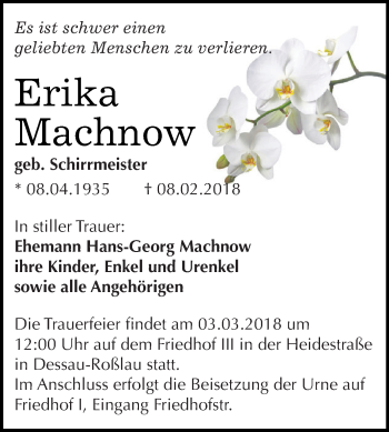 Traueranzeige von Erika Machnow von WVG - Wochenspiegel Dessau / Köthen