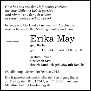 Traueranzeige von Erika May von WVG - Wochenspiegel Quedlinburg