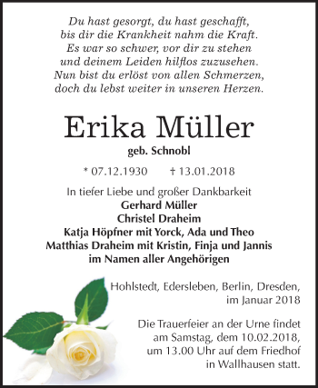 Traueranzeige von Erika Müller von Mitteldeutsche Zeitung Sangerhausen