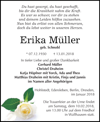 Traueranzeige von Erika Müller von Super Sonntag SGH Mansf. Land