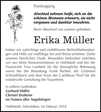 Traueranzeige von Erika Müller von Super Sonntag SGH Mansf. Land