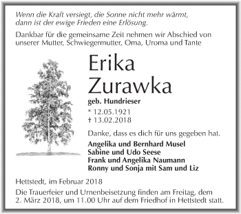 Traueranzeige von Erika Zurawka von Super Sonntag SGH Mansf. Land