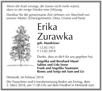 Traueranzeige von Erika Zurawka von Mitteldeutsche Zeitung