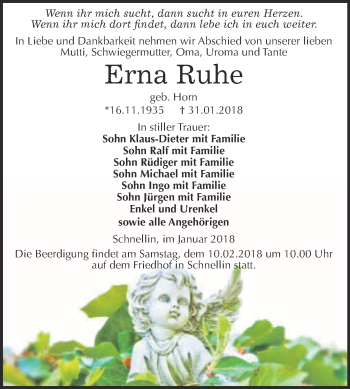Traueranzeige von Erna Ruhe von WVG - Wochenspiegel Wittenberg