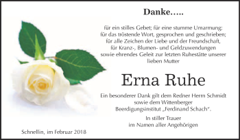 Traueranzeige von Erna Ruhe von WVG - Wochenspiegel Wittenberg