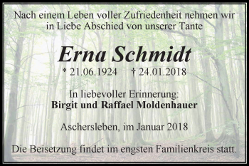 Traueranzeige von Erna Schmidt von Mitteldeutsche Zeitung Aschersleben