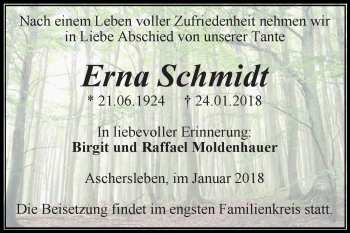 Traueranzeige von Erna Schmidt von Super Sonntag Aschersleben