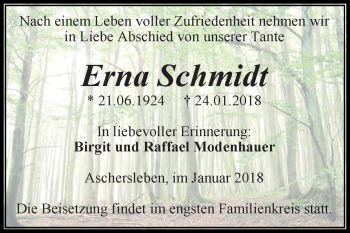 Traueranzeige von Erna Schmidt von Super Sonntag Aschersleben