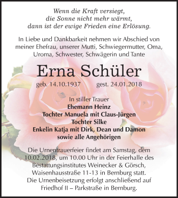 Traueranzeige von Erna Schüler von Mitteldeutsche Zeitung Bernburg