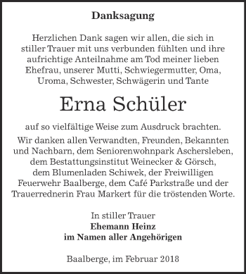 Traueranzeige von Erna Schüler von Super Sonntag Bernburg
