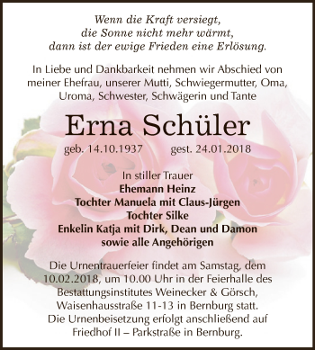 Traueranzeige von Erna Schüler von Super Sonntag Bernburg