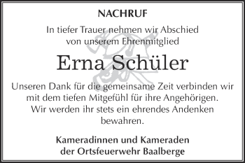 Traueranzeige von Erna Schüler von Super Sonntag Bernburg