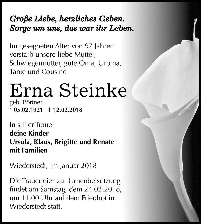  Traueranzeige für Erna Steinke vom 14.02.2018 aus Mitteldeutsche Zeitung