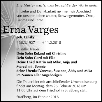 Traueranzeige von Erna Varges von WVG - Wochenspiegel Quedlinburg