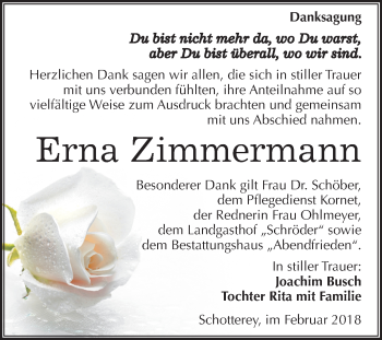 Traueranzeige von Erna Zimmermann von Mitteldeutsche Zeitung Merseburg/Querfurt