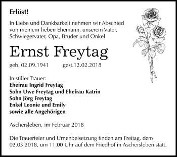 Traueranzeige von Ernst Freytag von Mitteldeutsche Zeitung Aschersleben