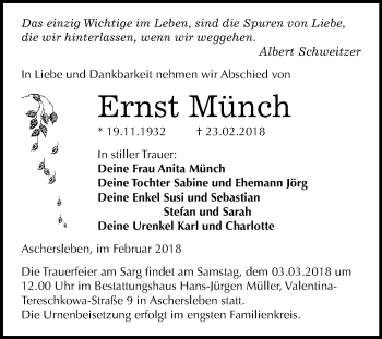 Traueranzeige von Ernst Münch von Mitteldeutsche Zeitung Aschersleben