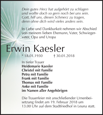 Traueranzeige von Erwin Kaesler von Mitteldeutsche Zeitung Merseburg/Querfurt