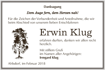 Traueranzeige von Erwin Klug von Wochenspiegel Mansfelder Land
