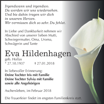 Traueranzeige von Eva Hildenhagen von Super Sonntag Aschersleben
