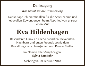 Traueranzeige von Eva Hildenhagen von Super Sonntag Aschersleben