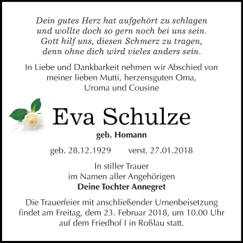 Traueranzeige von Eva Schulze von Super Sonntag Wittenberg