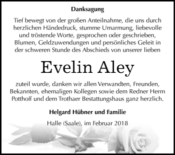 Traueranzeige von Evelin Aley von Mitteldeutsche Zeitung Halle/Saalkreis