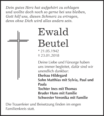 Traueranzeige von Ewald Beutel von WVG - Wochenspiegel Bitterfeld