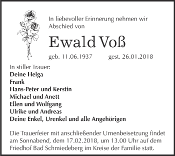 Traueranzeige von Ewald Voß von WVG - Wochenspiegel Wittenberg
