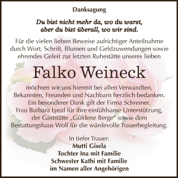 Traueranzeige von Falko Weineck von WVG - Wochenspiegel NMB / WSF / ZTZ
