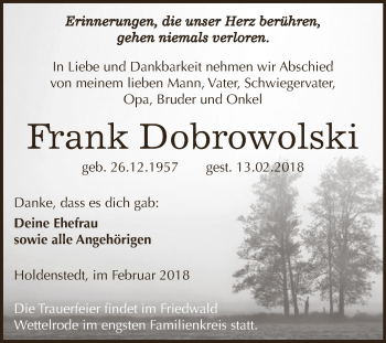 Traueranzeige von Frank Dobrowolski von Super Sonntag SGH Mansf. Land