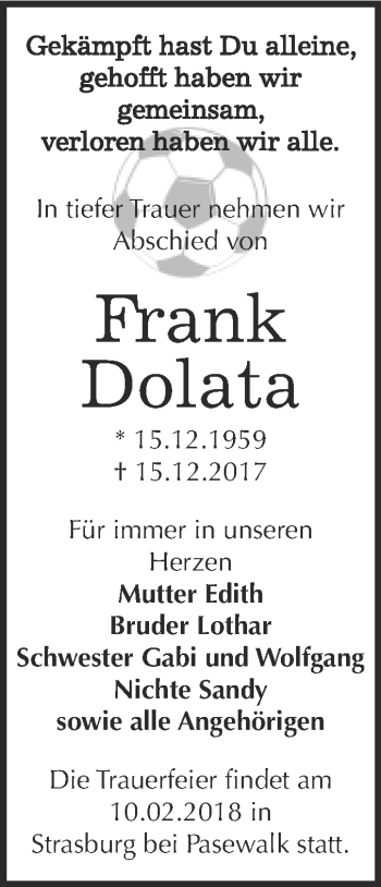 Traueranzeige von Frank Dolata von WVG - Wochenspiegel Bitterfeld