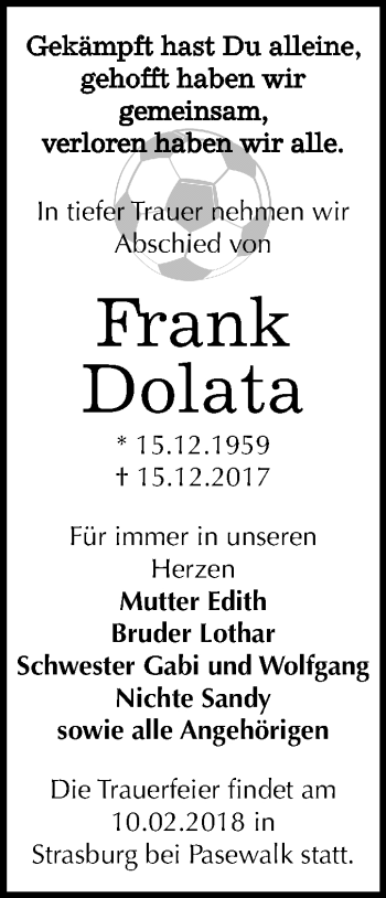 Traueranzeige von Frank Dolata von Mitteldeutsche Zeitung Bitterfeld