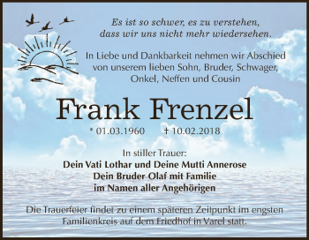 Traueranzeige von Frank Frenzel von Wochenspiegel Mansfelder Land