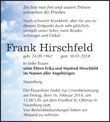 Traueranzeige von Frank Hirschfeld von Mitteldeutsche Zeitung