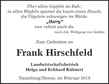 Traueranzeige von Frank Hirschfeld von WVG - Wochenspiegel NMB / WSF / ZTZ