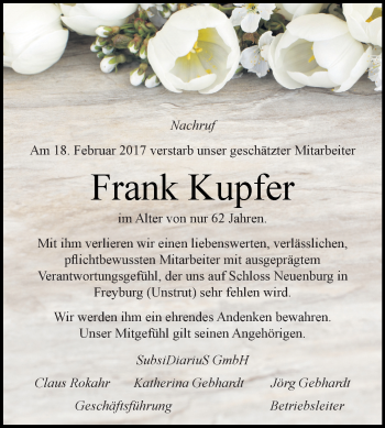 Traueranzeige von Frank Kupfer von WVG - Wochenspiegel Halle