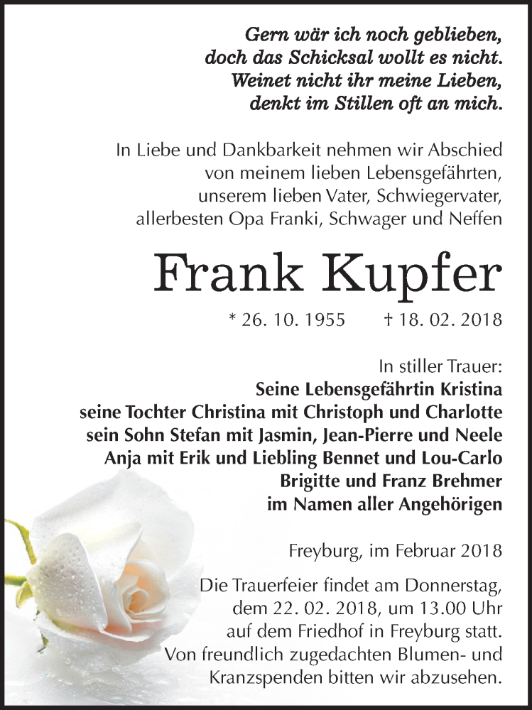  Traueranzeige für Frank Kupfer vom 21.02.2018 aus Mitteldeutsche Zeitung