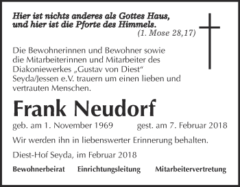 Traueranzeige von Frank Neudorf von Super Sonntag Wittenberg