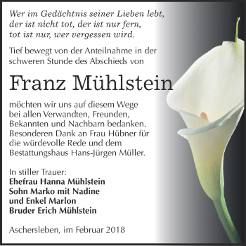 Traueranzeige von Franz Mühlstein von Super Sonntag Aschersleben