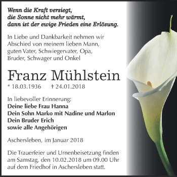 Traueranzeige von Franz Mühlstein von Super Sonntag Aschersleben