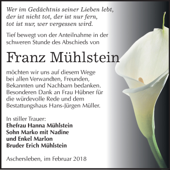 Traueranzeige von Franz Mühlstein von Mitteldeutsche Zeitung Aschersleben