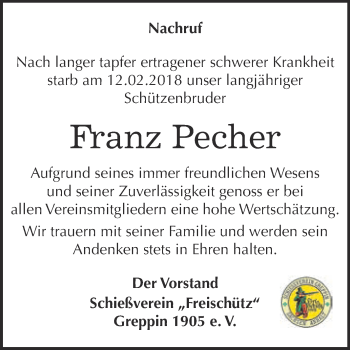 Traueranzeige von Franz Pecher von WVG - Wochenspiegel Bitterfeld