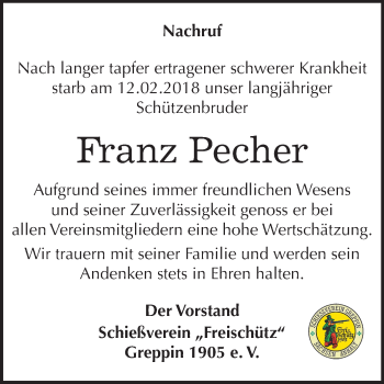 Traueranzeige von Franz Pecher von Mitteldeutsche Zeitung Bitterfeld