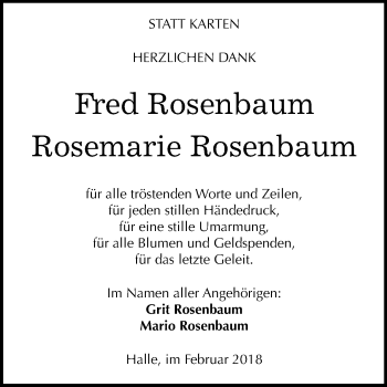 Traueranzeige von Fred und Rosemarie Rosenbaum von Mitteldeutsche Zeitung Halle/Saalkreis