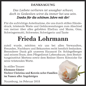 Traueranzeige von Frieda Lohrmann von WVG - Wochenspiegel NMB / WSF / ZTZ